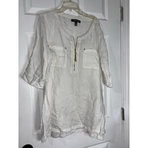 Ellen Tracy Blouse White 100% Linen Pullover Zip Tunic Top